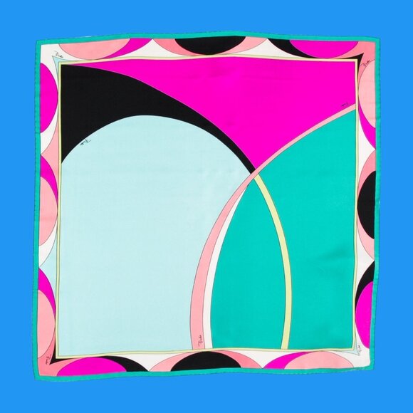 🎈 [Emilio Pucci] SILK Printed Scarf Foulards ITALY Pink Green Black White NEW - Picture 7 of 10